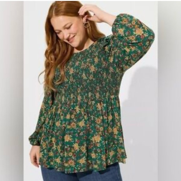 torrid Tops - Torrid green smocked peplum long sleeve blouse